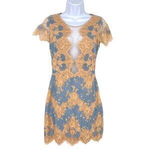 Storia Floral Lace Mesh Short Sleeve Mini Dress Blue Beige Size Small